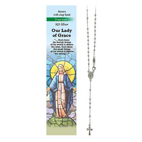 Rosario Madonna Miracolosa in argento 925 con grani da Ø 3 mm e preghiera in inglese