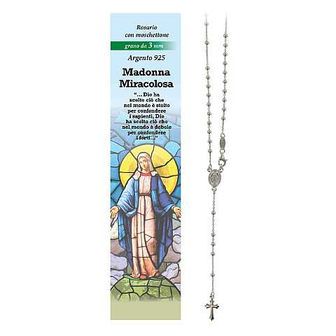 Rosario Madonna Miracolosa in argento 925 con grani da Ø 3 mm e preghiera in italiano