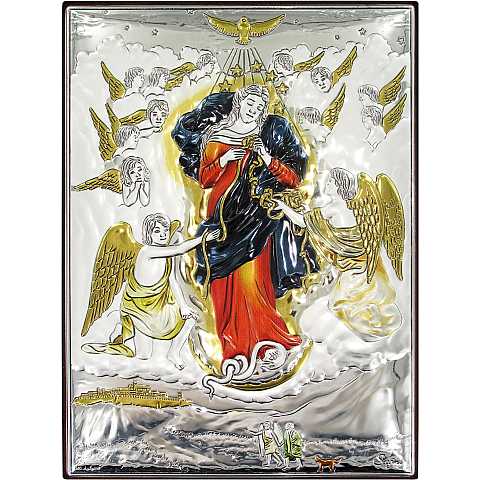 Quadretto Bassorilievo di Maria che scioglie i nodi, argento 999 e dettagli colorati (19,5 x 26 cm)