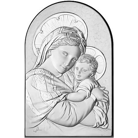 Quadro Madonna con Bambino a Forma di Arco con Lastra in Argento - Bassorilievo - 6 x 9 Cm
