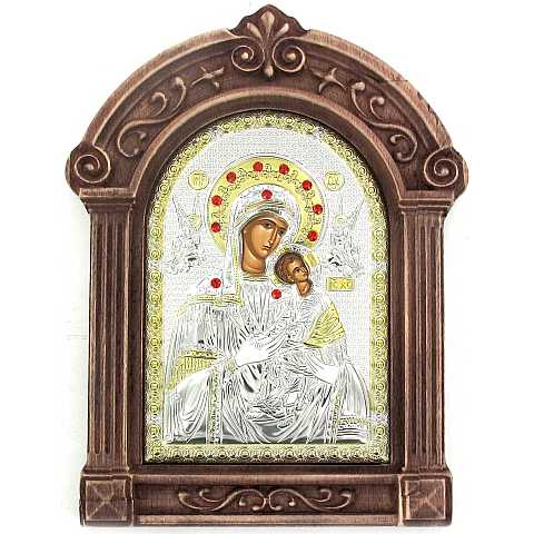 Icona Madonna col Bambino Greca a forma di arco con lastra in argento e cornice in legno - 24 x 16 cm