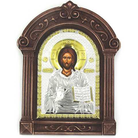 Icona Gesù con libro aperto Greca a forma di arco con lastra in argento e cornice in legno - 24 x 18,5 cm