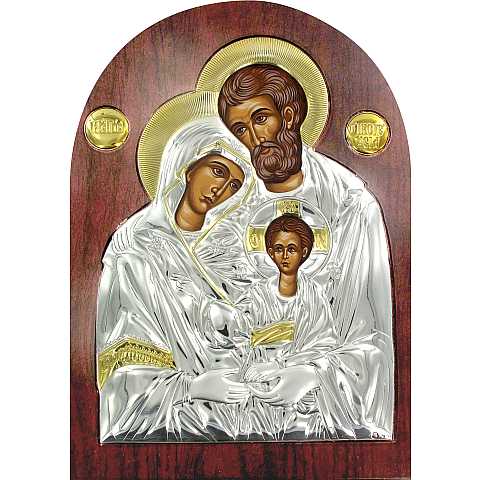 Icona Sacra Famiglia Greca a forma di arco in argento con dettagli in oro e cristalli - 20 x 15 cm