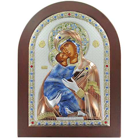 Icona Madonna di Vladimir greca a forma di arco con lastra in argento - 10 x 14 cm