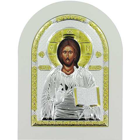 Icona Cristo con libro aperto Greca a forma di arco con lastra in argento - 10 x 14 cm