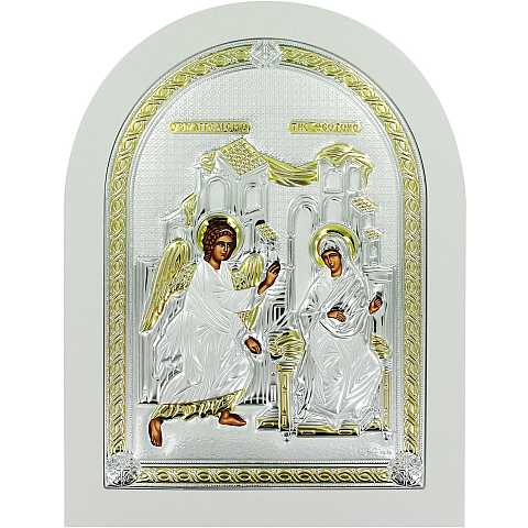 Icona Annunciazione Greca a forma di arco con lastra in argento - 20 x 26 cm
