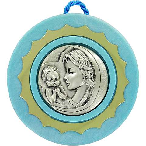 Sopraculla in argento 925 raffigurante la Madonna col bambino (azzurro) Ø 9 cm