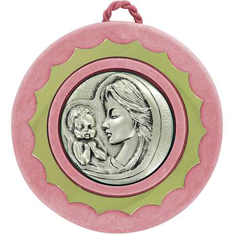 Sopraculla in argento 925 raffigurante la Madonna col bambino (rosa) Ø 9 cm