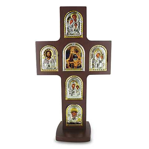 Croce da tavolo in legno con immagini sacre in argento - 32 cm
