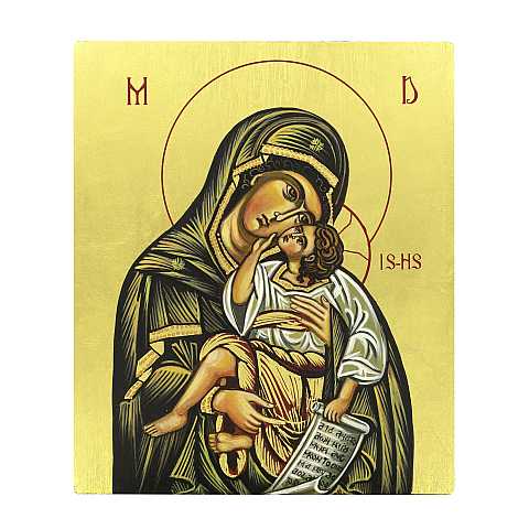 Icona Madonna con Bambino dipinta a mano su legno con fondo oro cm 16x19