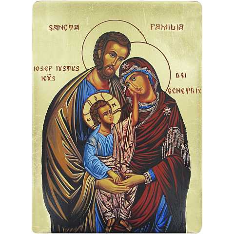 Icona Sacra Famiglia dipinta a mano su legno con fondo oro - 33 x 44 cm