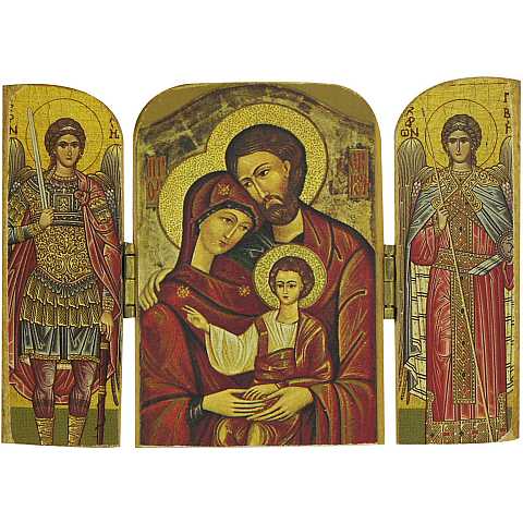 Trittico Sacra Famiglia, Icona in Stile Arte Bizantina, Icona su Legno Rifinita con Aureole, Scritte e Bordure Fatte a Mano, Produzione Greca - 9,5 x 7 Cm