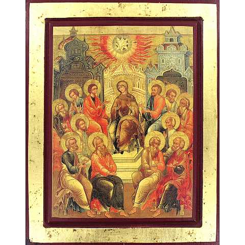 Icona Discesa dello Spirito Santo, Pentecoste, Icona in Stile Arte Bizantina, Icona su Legno Rifinita con Aureole, Scritte e Bordure Fatte a Mano, Produzione Greca - 32 x 24 Cm