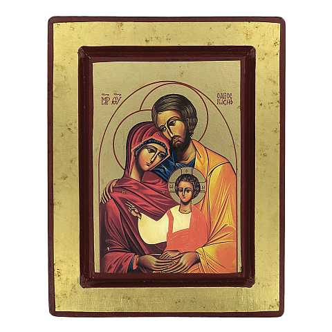 Icona Sacra Famiglia, Icona in Stile Arte Bizantina, Icona su Legno Rifinita con Aureole, Scritte e Bordure Fatte a Mano, Produzione Greca - 19 x 15 Cm