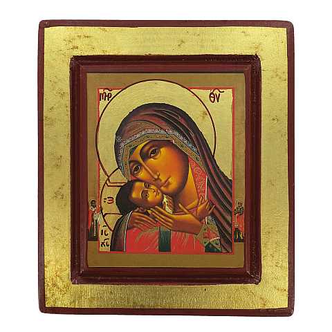 Icona Madonna di Korsun, Icona in Stile Arte Bizantina, Icona su Legno Rifinita con Aureole, Scritte e Bordure Fatte a Mano, Produzione Greca - 14 x 12,5 Cm