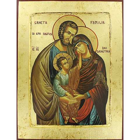 Icona Sacra Famiglia, Icona in Stile Arte Bizantina, Icona su Legno Rifinita con Aureole, Scritte e Bordure Fatte a Mano, Produzione Greca - 13 x 10 Cm