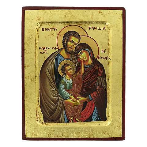 Icona Sacra Famiglia, Icona in Stile Arte Bizantina, Icona su Legno Rifinita con Aureole, Scritte e Bordure Fatte a Mano, Produzione Greca - 18,5 x 14 Cm
