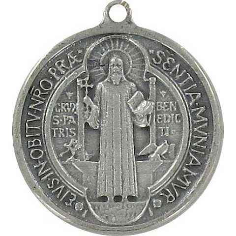 Medaglia San Benedetto da Norcia in metallo argentato ossidato - diametro/altezza 1,7 cm