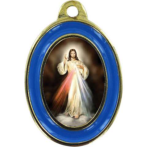 Medaglia Gesù Misericordioso in metallo dorato con bordo azzurro - 3 cm