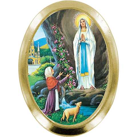 Calamita Madonna di Lourdes in metallo dorato ovale