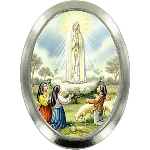 Calamita Madonna di Fatima in metallo nichelato ovale