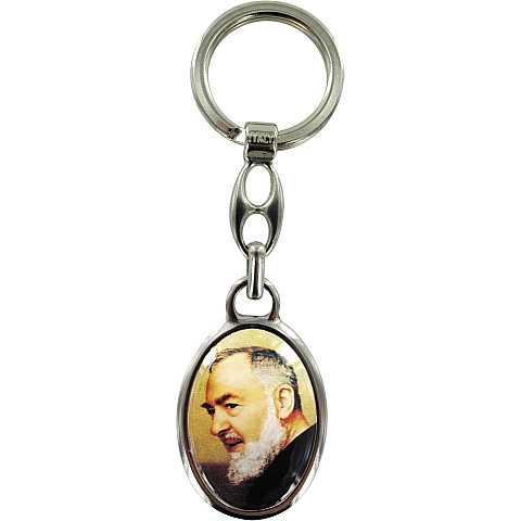 Portachiavi Padre Pio ovale in metallo nichelato