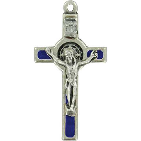 Croce San Benedetto in metallo nichelato con smalto blu - 3,5 cm