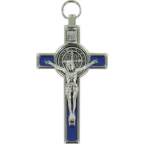 Croce San Benedetto in metallo nichelato con smalto blu - 8 cm