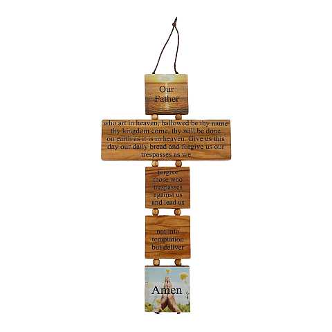 Croce padre nostro in ulivo con immagini serigrafate cm 19,5 in inglese