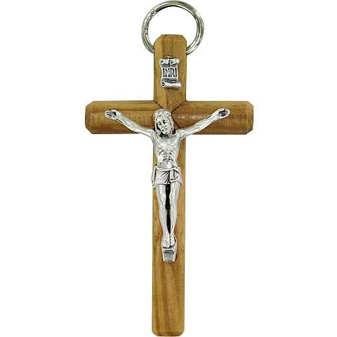 Croce in ulivo con Cristo riportato in metallo argentato - 8 cm