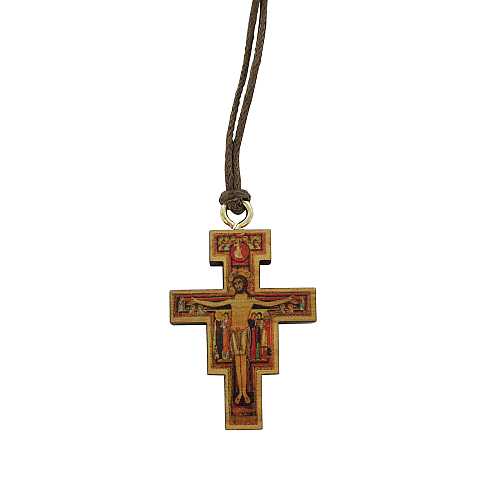 Croce San Damiano stampa su legno ulivo con laccio - 4 x 3 cm