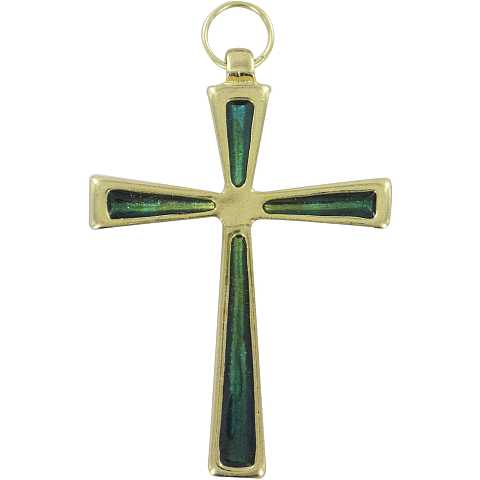 Croce in metallo dorato con smalto verde - 7 cm