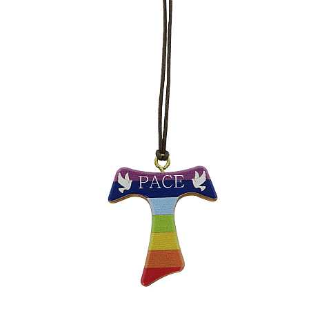 Croce Tau in legno di ulivo dipinta con i colori arcobaleno e con laccio - 4 cm