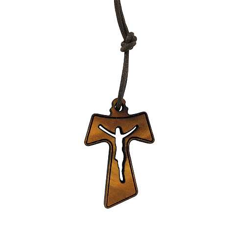 Croce Tau in legno di ulivo con Cristo traforato (croce di San Francesco d'Assisi) - 3 cm