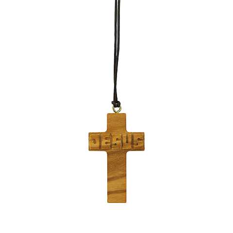 Croce in ulivo con scritta Jesus in rilievo e cordoncino marrone - 4,5 cm 