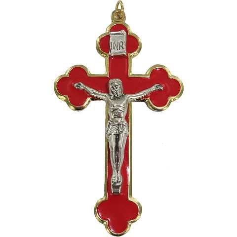 Croce in metallo dorato con smalto rosso e Cristo riportato - 8 cm