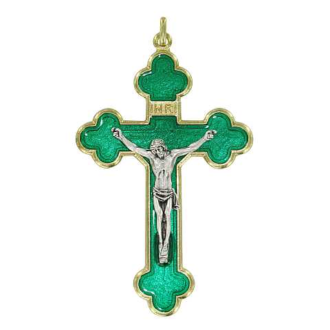 Croce in metallo dorato con smalto verde e Cristo riportato - 8 cm
