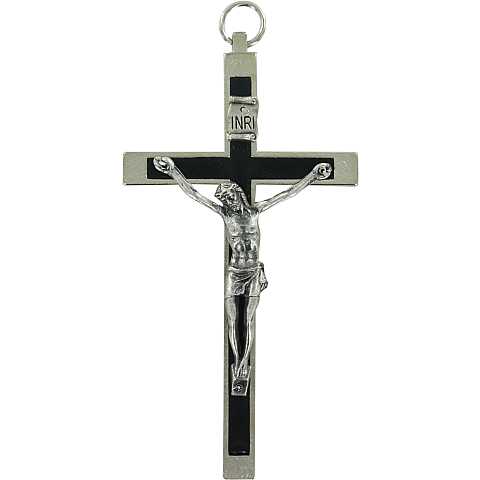 Croce in metallo nichelato con intarsio nero - 11 cm
