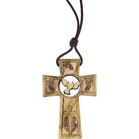 Bomboniera comunione/cresima: Croce in ulivo con simboli comunione e cresima - 4,7 cm