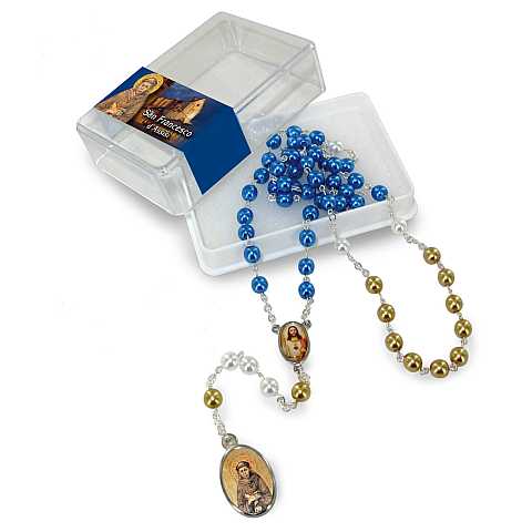 Rosario imitazione perla vetro Ø 6 mm San Francesco d'Assisi con scatola