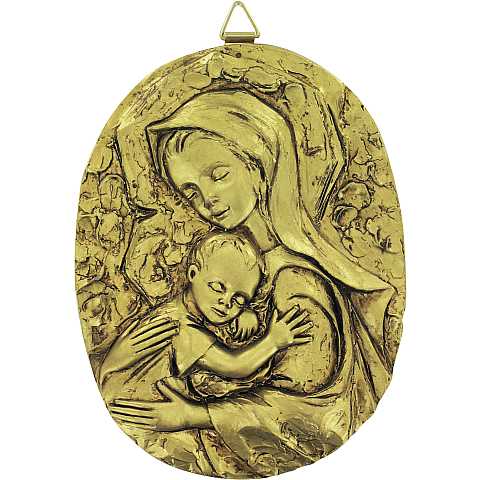 Quadro Madonna con Bambino ovale in resina dipinta a mano - Bassorilievo - 12,5 x 16 cm