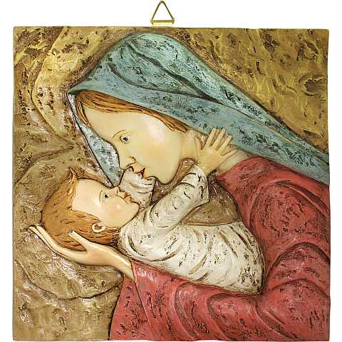 Quadro Madonna con Bambino quadrato in resina dipinta a mano - Bassorilievo - 26 x 26 cm