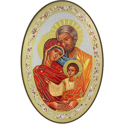 Icona Sacra Famiglia, stampa cartacea su legno MDF ovale - 12 x 18 cm