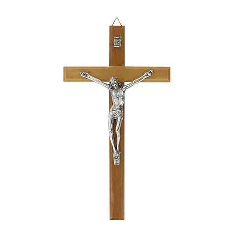 Crocifisso da Parete in Legno d'Ulivo con Cristo in Metallo Ossidato, Crocifisso da Appendere al Muro, Modello Classico Semplice, 20 Cm