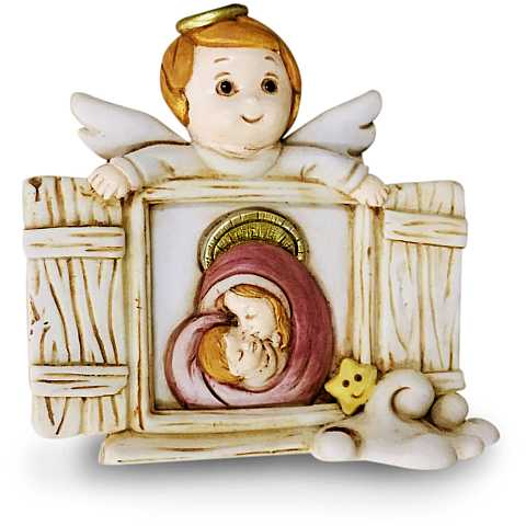 Quadretto soprammobile/per scrivania Angioletto e Madonna con Bambino, in resina beige (8 x 7,5 x 2 cm)