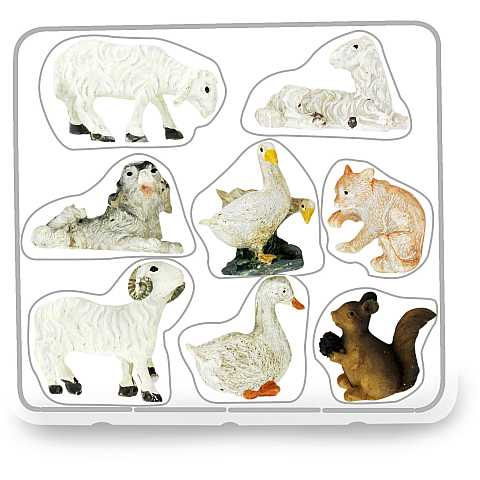 Statuine animali presepe: set 8 statuette pecore, cane, oche, gatto, scoiattolo, in resina dipinta a mano (circa 2,5 cm)