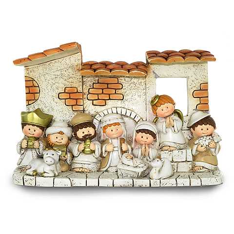 Presepe per bambini con capanna e 10 personaggi in resina - 23 x 15 cm