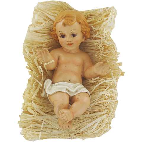 Gesù Bambino da circa 14 cm con simil-paglia per culla