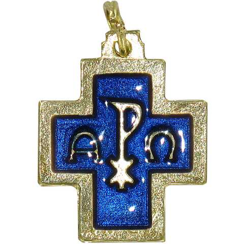 STOCK: Croce alfa e omega in metallo dorato con smalto blu - 2 cm