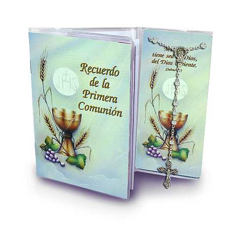 Bomboniera Comunione: Libretto ricordo della Prima Comunione con rosario, testi in spagnolo